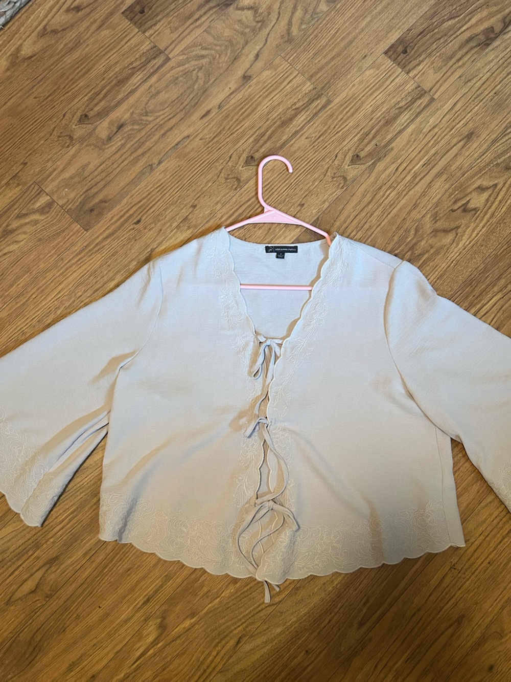 Adrianna Papell Cream Tie-Front Lace Trim Blouse